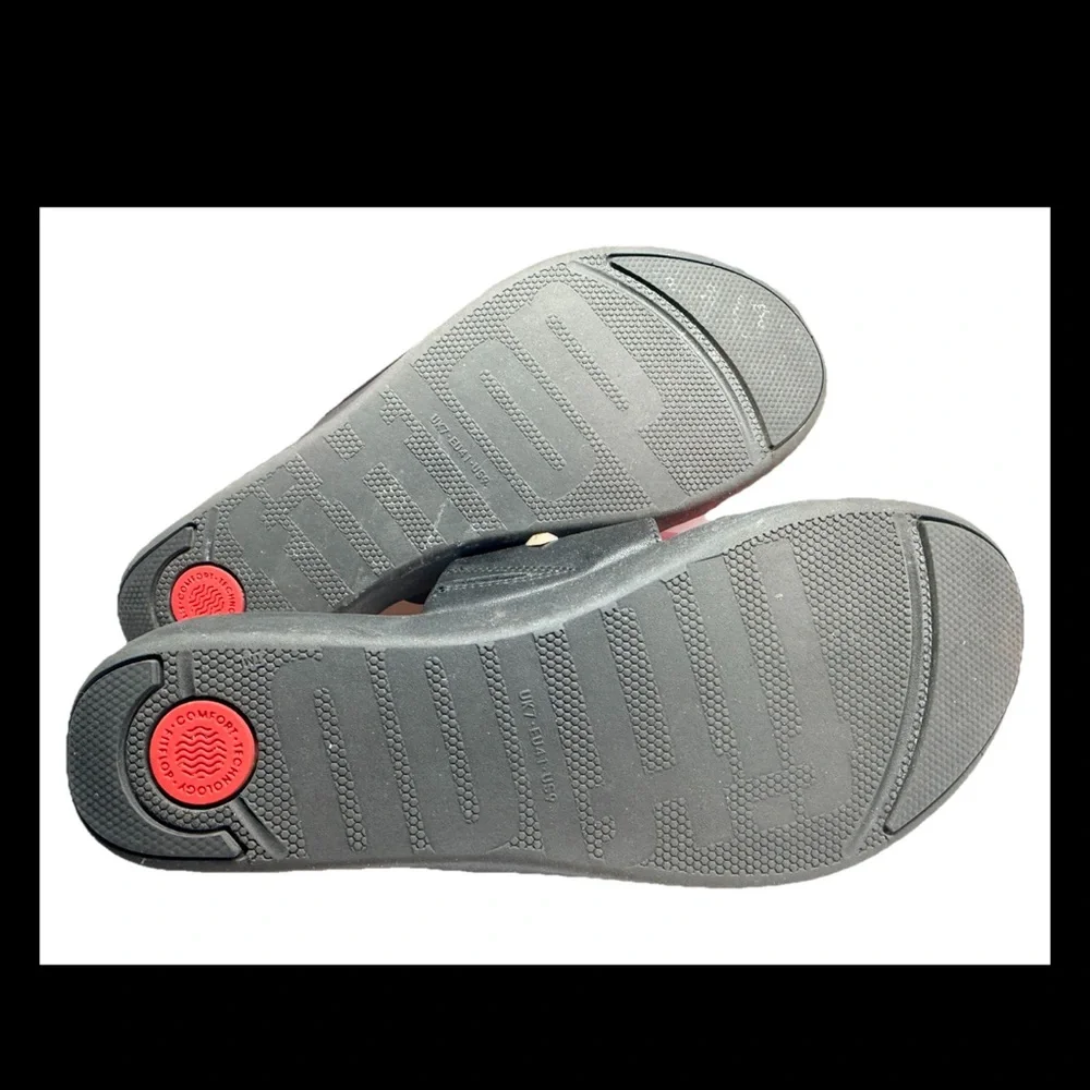 FITFLOP Delta Leather Black Embellished Double Strap Flat Slides Sz 9 - Picture 3 of 5